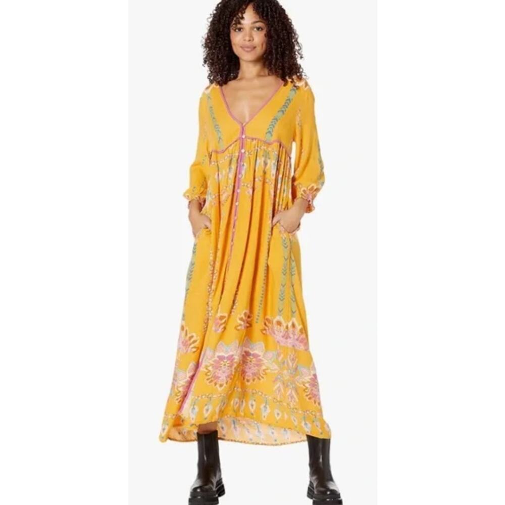 Free People FOLEY V-Neck Buttoned Smocked Sleeve Maxi Dress in Yellow XS $168